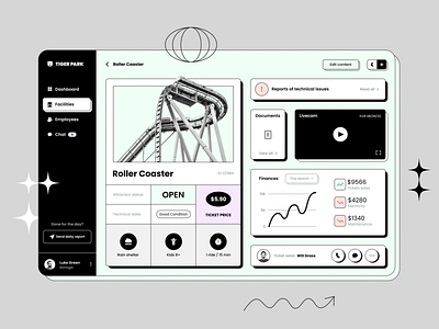 Brutalism experiment - app for managing fun parks amusement park app brutalism brutalistic ui design experiment fun park management management app mint green neubrutalism product design tablet app ui ux ux design