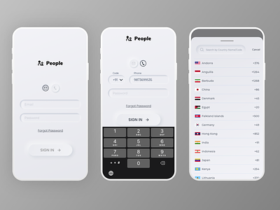 Neomorphism Sign In Screens Light UI Design app country code dark neumorphic fonts forgot password light neumorphic login app login screen mobile design mobile ui neumorphic neumorphic ui kit neumorphism onboarding illustration sign in screen signin signup soft ui ui design ui screens