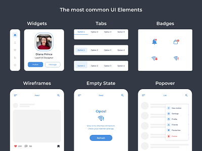 Common UI Elements app badges card ui cart design empty state error state icons minimal popover popups search box searchable tabs ui components ui design ui elements ui ux design widgets wireframe