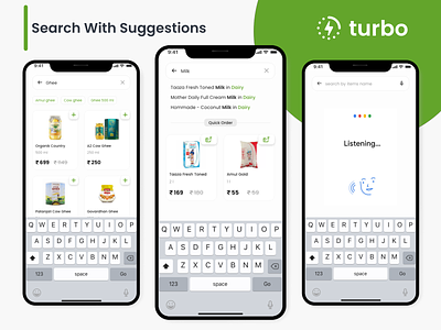 turbo Fastest Groceries Delivery App app clean ui dairy product fast delivery fast grocery app fresh fruit green color groceries milk app mobile app mobile design search search suggestions store app turbo turbo app turbo grocery ui ux vegetable app