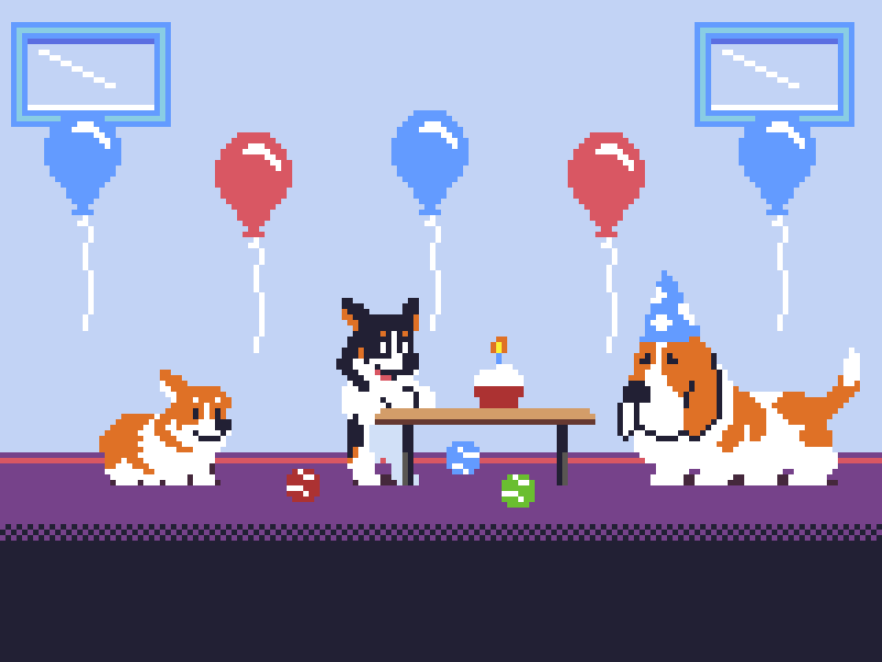 35 Party 8bit animation basset candle corgi dog party pixelanimation pixelart retro ドット絵