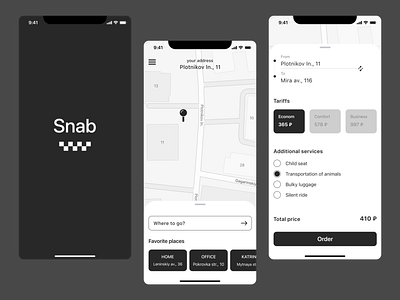 Snab - Taxi App Design app black and white car minimalistic mobile product design ride taxi app transport ui ui design ux