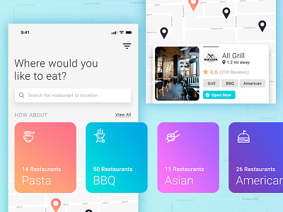 Find Restaurants app colors eat food interface ios iphonex map modern restaurant ui