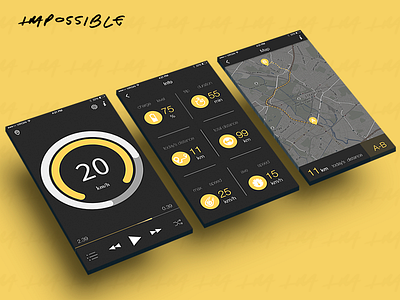 Impossible bike -ios app- app black charge ios map mobile pin speed track ui ux yellow
