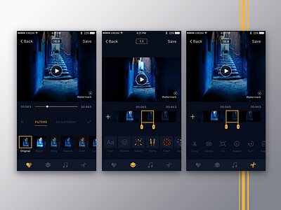Video Editor concept blue dark edit filters icons ios iphone modern tab bar video video editor yellow