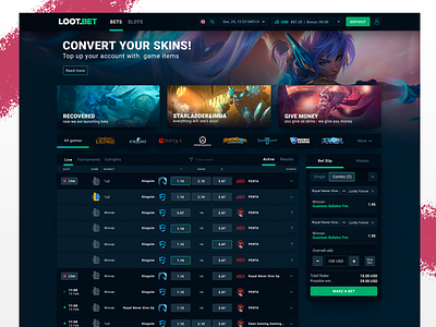 LootBet Main Page bet bets bright cs go dark dota events game games gaming list lol main page product ui ux