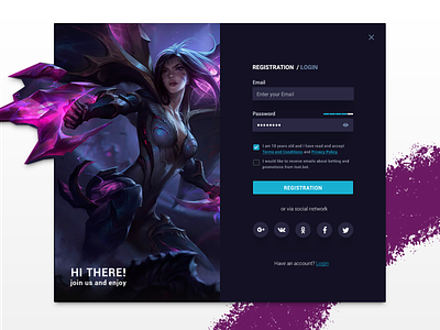 Registration form authorization create account fields dark form game onboarding screen purple sign in login sign up registration social networks ui ux вход регистрация
