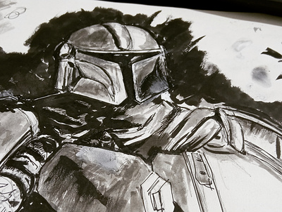 He rides, battered and bruised character art ink illustration mandalorian pen and ink star wars star wars illustration