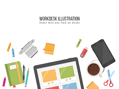Workdesk illustration camera coffee crayon desk illustration flat flat usb notebook phone scissors