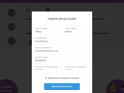 Register form account create flat form modal overlay register