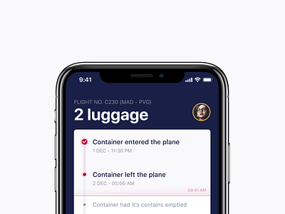 Timeline for a luggage app airport baggage ios11 iphonex luggage notifications plane progress steps tickets timeline