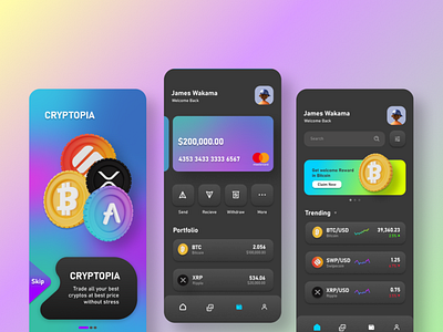 Cryptopia UI Design by Wakama Ene 2022 app best bitcoin crypto design graphic design hire illustration inspiration mobile ui ux vector