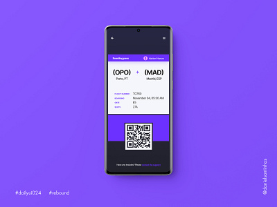 Daily UI #024 - Boarding Pass (Rebound) 024 aveiro boarding boarding pass boardingpass daily ui dailyui dailyui 024 dailyuichallenge elvas freelancer graphic designer minimalism mobile ui pass rebound travel ui design ui designer ui ux