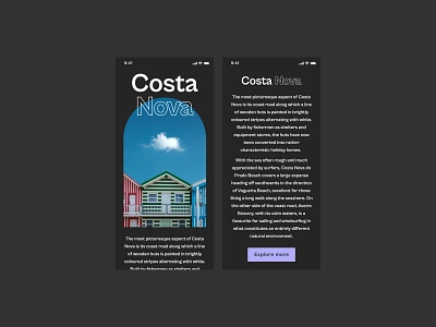 Costa Nova / mobile aveiro costa nova daily ui dailyui dark app dark mode dark theme dark ui figma freelancer graphic designer layout mobile mobile ui portugal tourism ui design ui ux uidesign website