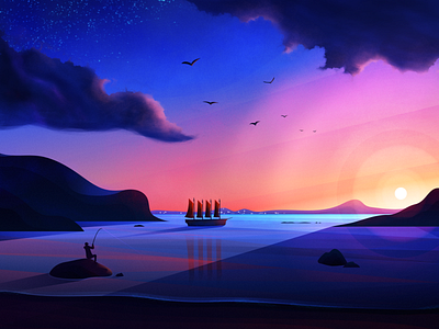 Warm-up on the Water beach boat clouds illustration illustrator magicmuir nature ocean sea sun sunset vector water