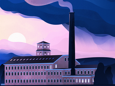 Pejepscot Paper Co. advertising architecture clouds cody muir design illustration illustrator magicmuir maine mill mood new england smoke sun trees urban vector