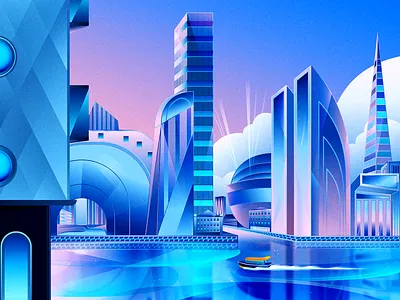 Shining Future architecture boat city future illustration illustrator new amsterdam new york nyc ocean rotterdam scifi the netherlands travel urban utopian vacation vector