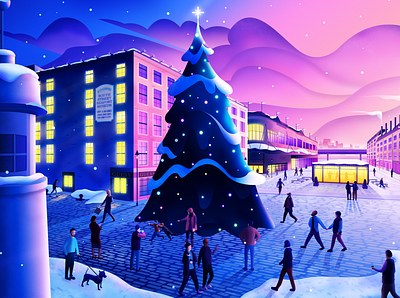 NYC Seaport District Holiday Tree Lighting advertising advertising illustration architecture christmas city cody muir commercial illustration design holiday illustration illustrator magicmuir manhattan new york nyc real estate winter
