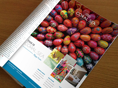 Coral Sea Magazine ad advertising colored eggs concept coral easter easter eggs graphic happy easter hotel layout magazine ad monthly resort sea