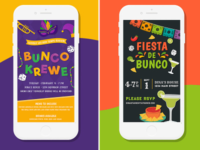 BUNCO!!! Game Night E-vites board game clean dice email evite fiesta game night illustration invitation invite mardi gras mardigras margarita margaritas party salsa simple theme