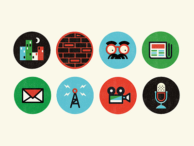 Icons bolt brick camera city comedy disguise glasses icons microphone mustache newspaper night radio texture tower video vintage