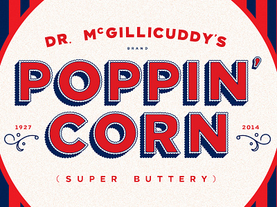 Dr. McGillicuddy's blue flourish ornament pop corn red retro typeface typography vintage