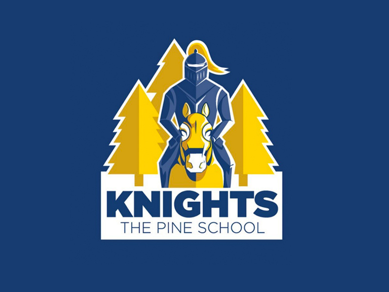 Pine School Knights | Mascot medieval yellow blue sports team sports highschool logo trees pines horse knight mascot
