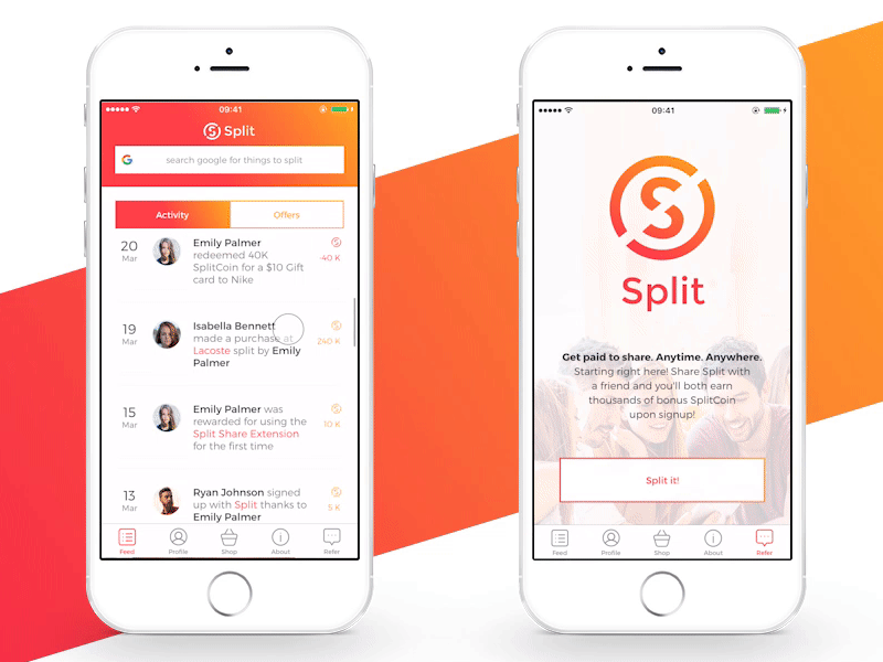 split app | feed & refer adobe animation app custom feed icon ios iteo profile search spli tab