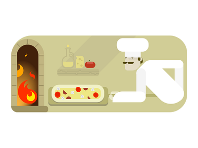 Pizza time! character cheese flat food illustration italy ketchup mushrooms pizza pizza chef pizzeria wood stove