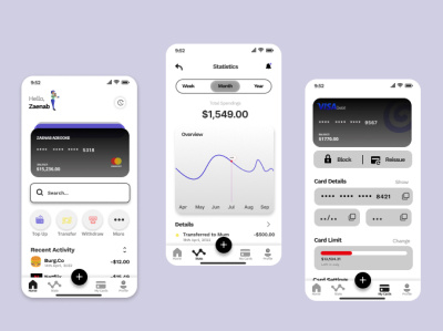 Fintech Home page, Stats Page and Cards Page. app branding design ui ux