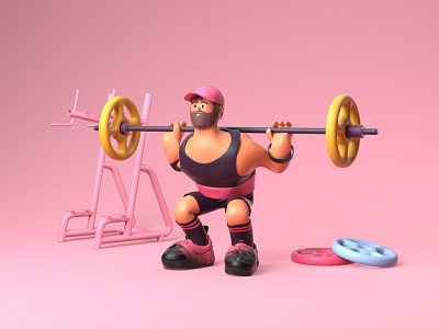 Barbell Full Squat 3d character design gym illustration render