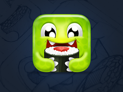 Sushi Monster Icon sketch to design 3d app icon cartoonish cute game ios kawaii monster puzzles seaweed sushi sushiroll