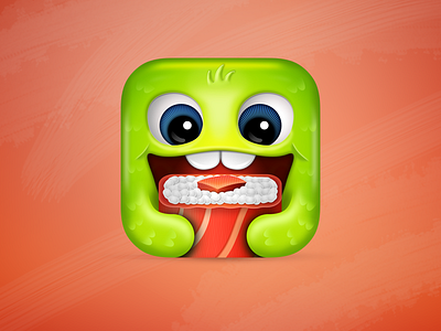 Sushi Monster Icon 3d app icon cartoonish cute game ios kawaii monster puzzles salmon sushi sushiroll