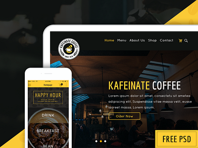 KAFEINATE - Free Coffeeshop Logo, One Page, UI Designs