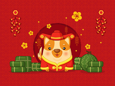 Happy Lunar New Year animation apricot blosoom chung cake corgi dog firework flowers lunar newyear rice cake