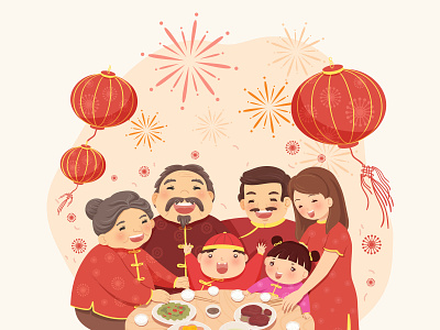 Lunar New Year Family Meal celebration chinese chinese new year cute cute chinese new year firework golden happy happy family happy holidays happy new year holiday lunar lunar family lunar new year new year new year family party traditional family year of pig