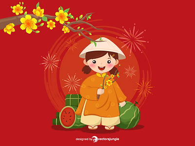 Lunar New Year Kid in Traditional clothes ao dai apricot apricot blossom apricot flower banh chung celebration chinese new year chung cake happy happy new year kid lunar lunar new year new year party traditional cake traditional clothes traditional dress traditional food traditional new year