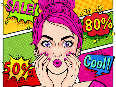 Surprised woman with sale speech bubble pop art