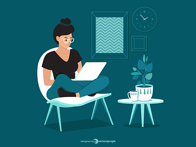 A freelancer woman working at home boss chair freelancer illustration illustrator office plant sofa woman work work at home workspace