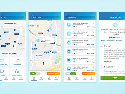 Mobile Landing, Map, List, and Details Screen cta button jobseeker landing screen list location map mobile app native app