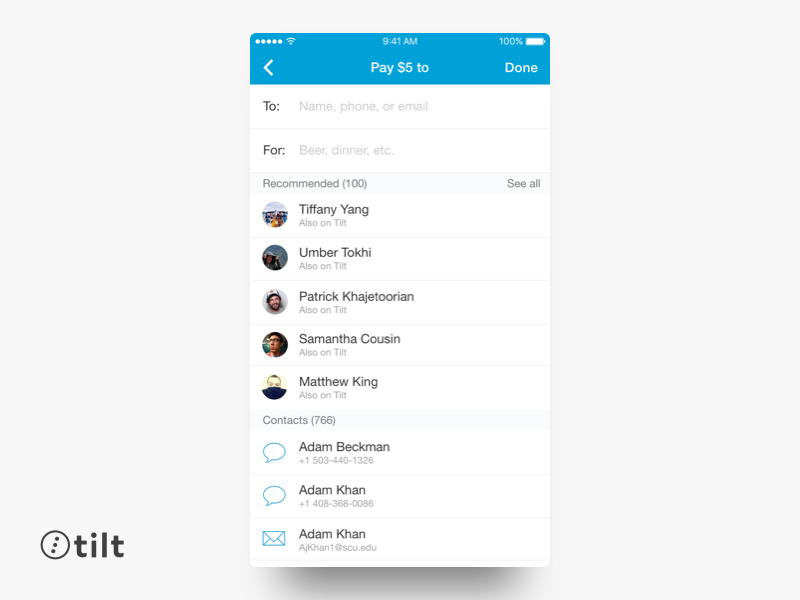 Tilt: Send Money | iOS san francisco iphone flat blue mobile ui design ios