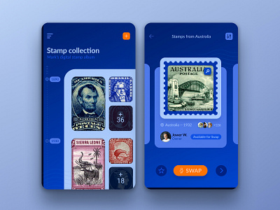 Stamp collection app android app appdesign application blue dailyui design flat interface ios iphone mobile ui ux