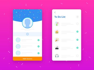 App for Party app confetti event ios list mobile party profile to do wireframe