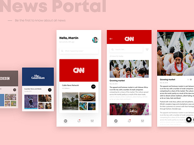 News Portal app cards concept detail listing minimal mobile portal ui