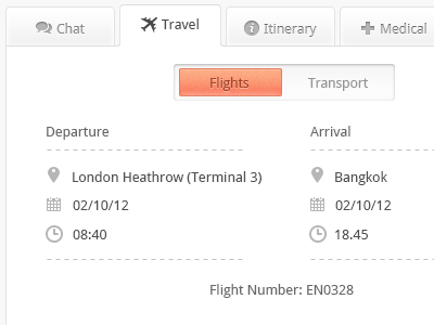 Travel add chat details flights itinerary medical plus switch tabs travel ui