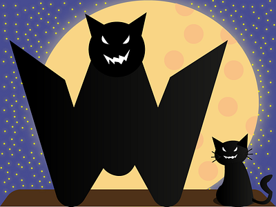 36 Days of Type - Letter W 36daysoftype 36daysoftype w bat blackcat cat childillustration flatcolor flatdesign halloween illustration moon scary