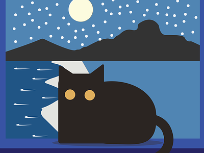 Cat With A View black cat child darkblue flatcolor illustration illustrator mountains night sea stars window