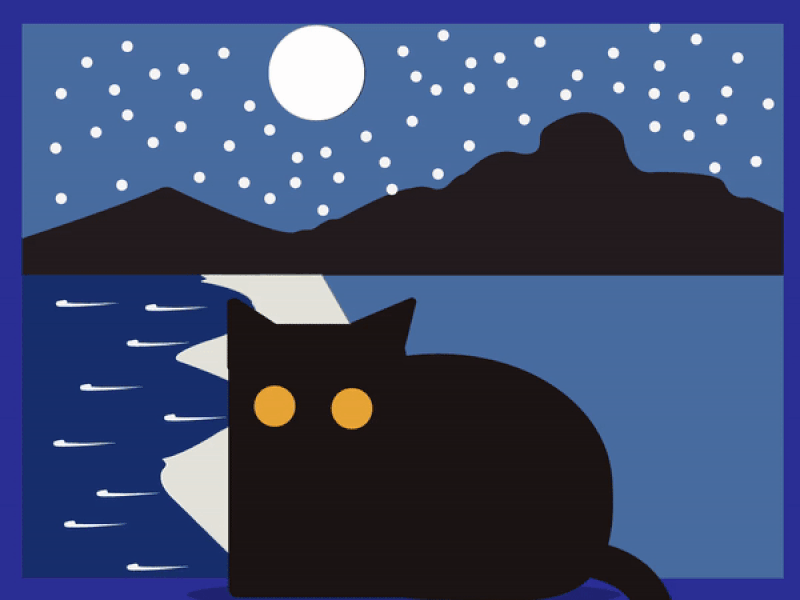 Cat With a View - GIF bee black cat moon motion animation motiondesign motiondesigner mountains night see