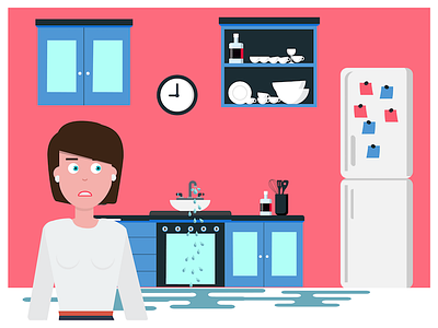 Problems in the Kitchen flatcolor freelance fridge graphic graphicdesign kitchen leak pink sink valdesign valoulambin water woman worried