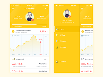 Financial investment App Design app cards chart design financial investment ios profile ui yellow